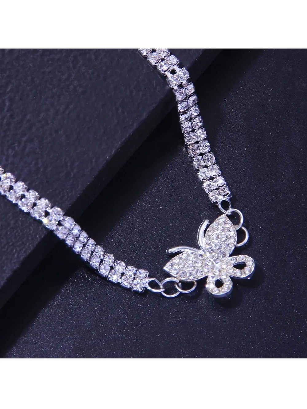 Silver Butterfly Rhinestone Anklet - Sparkling Clear Stones